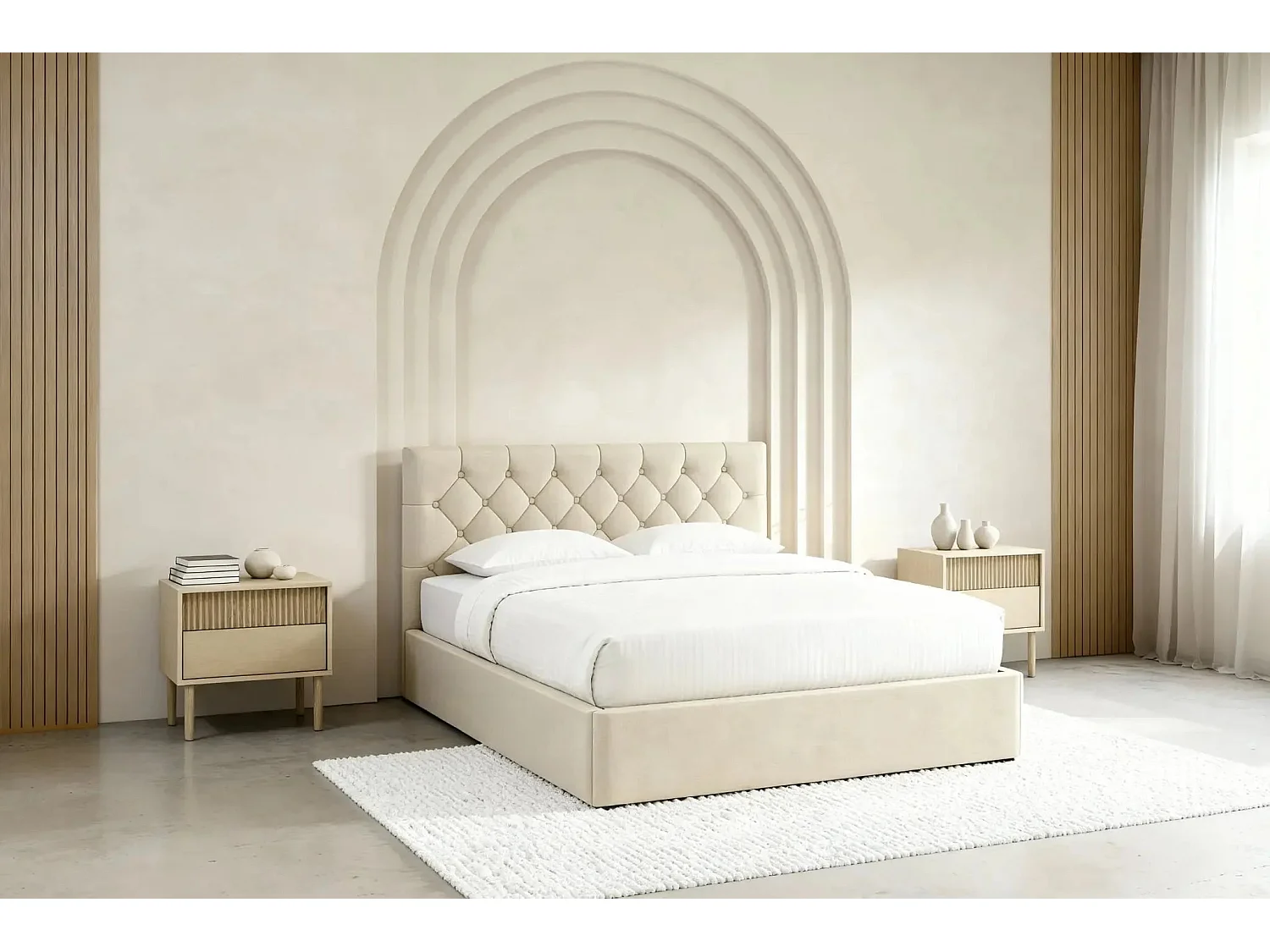 EMILE - Lit coffre tissu velours 160x200cm - Beige