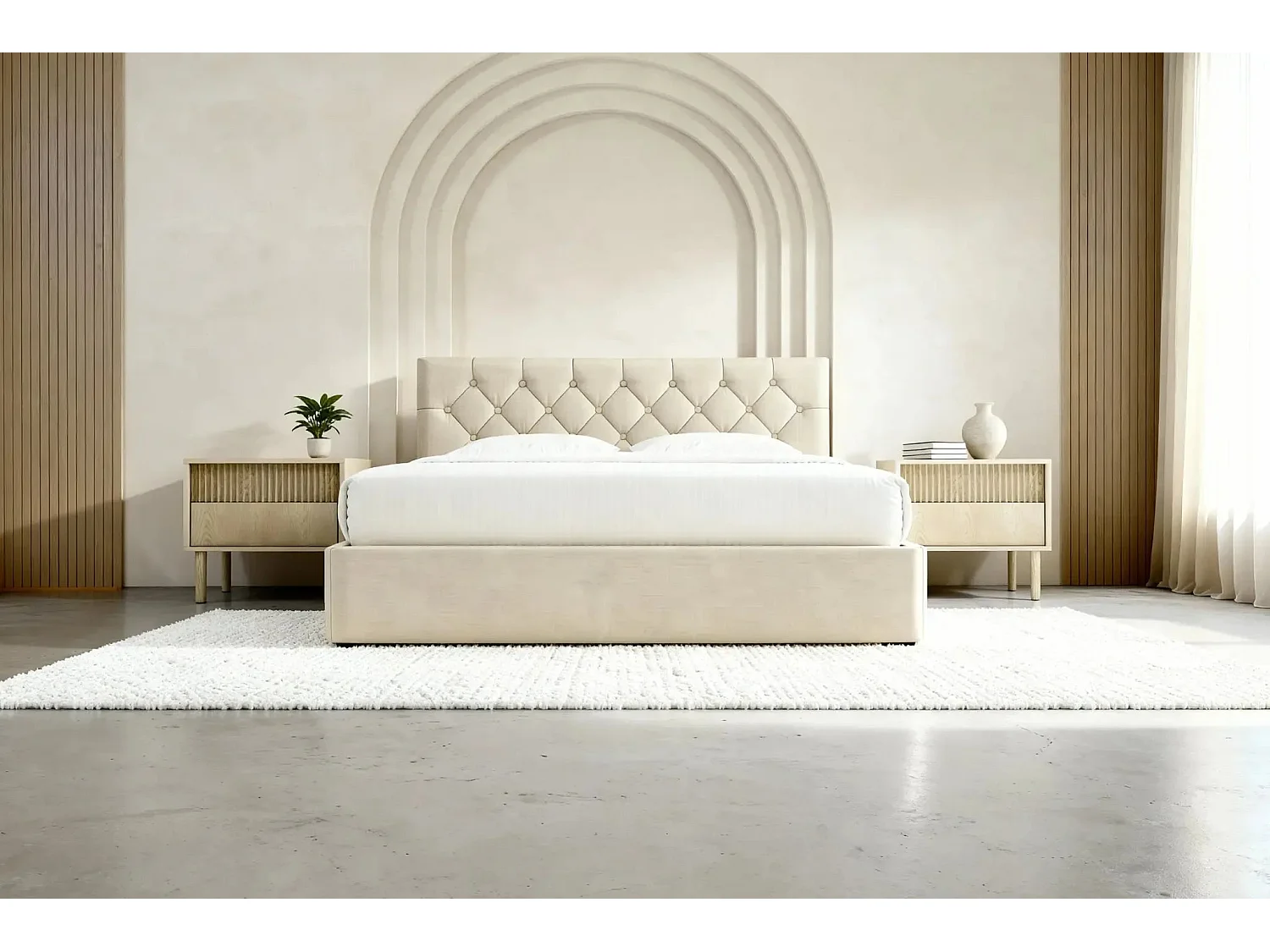 EMILE - Lit coffre tissu velours 160x200cm - Beige