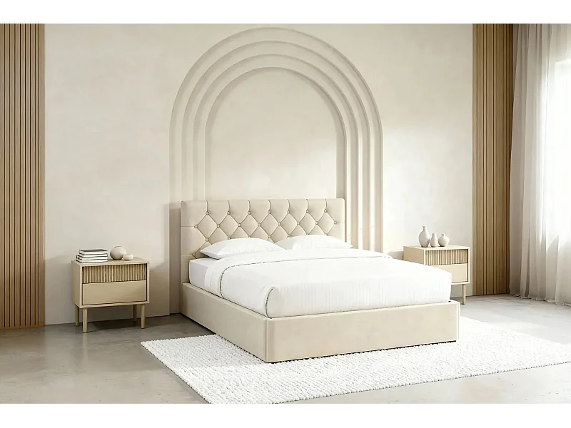 EMILE - Lit coffre tissu velours 160x200cm - Beige