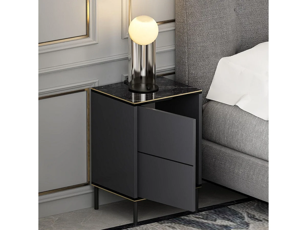 Table de chevet 1 porte gris anthracite & effet marbre noir 40 cm - Kora