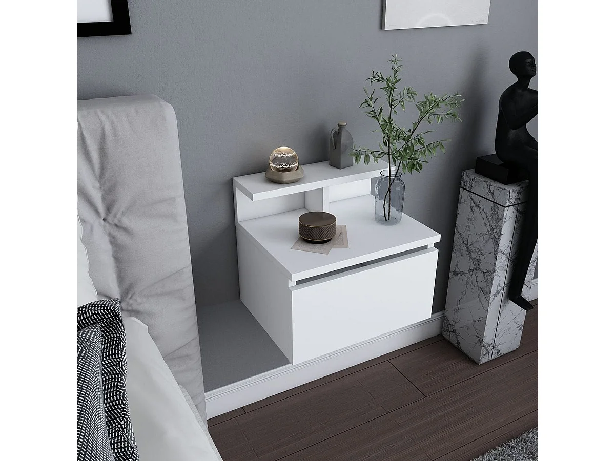 Table de chevet suspendue 1 porte blanche 40 cm - Mara