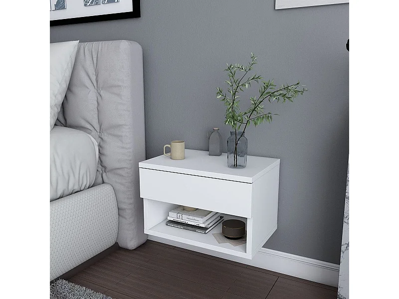 Table de chevet suspendue 1 tiroir 1 niche blanche 45 cm - Cosenza