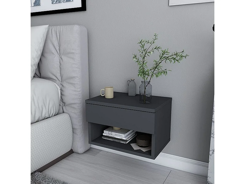 Table de chevet suspendue 1 tiroir 1 niche gris anthracite 45 cm - Cosenza