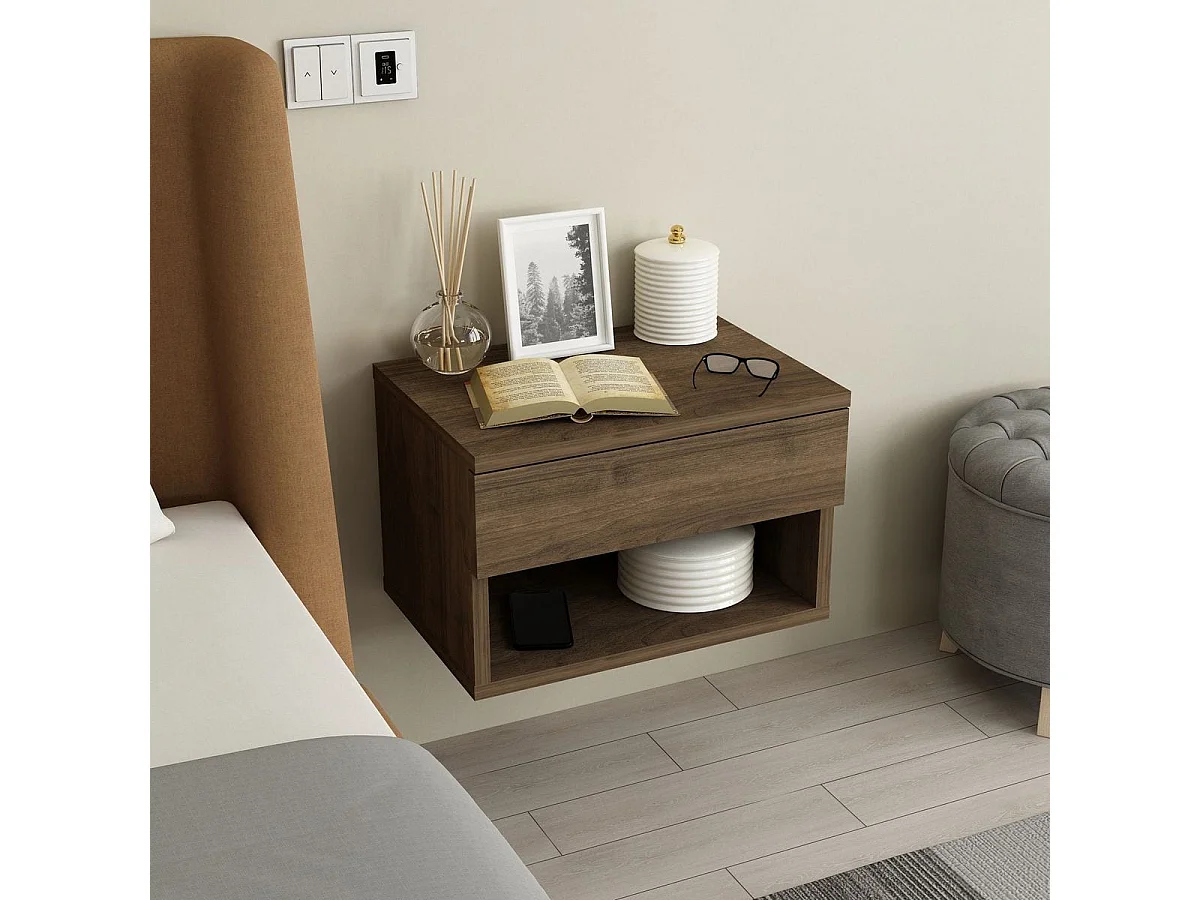 Table de chevet suspendue 1 tiroir 1 niche effet noyer 45 cm - Cosenza