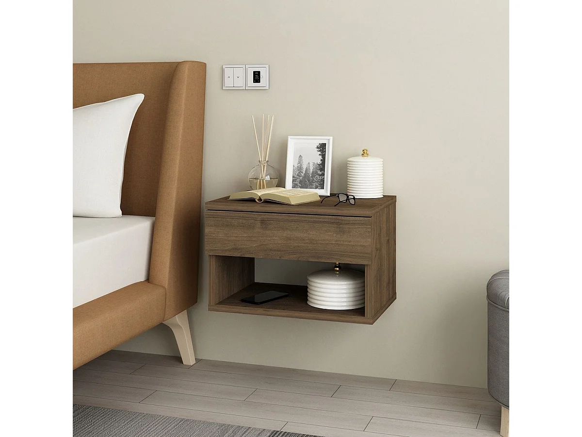 Table de chevet suspendue 1 tiroir 1 niche effet noyer 45 cm - Cosenza