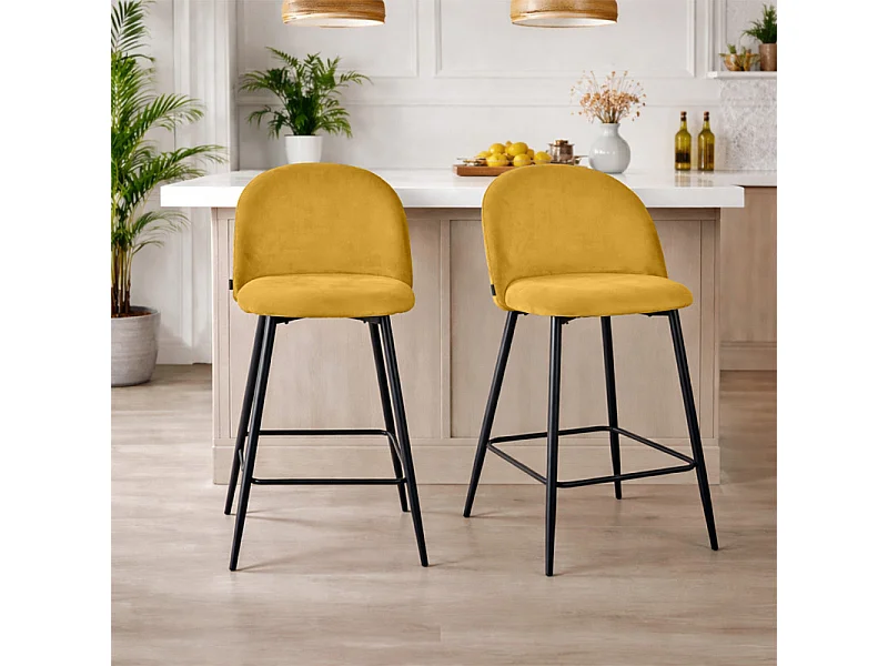 Lot de 2 chaises de bar en velours jaune avec pieds en métal - FARA 2