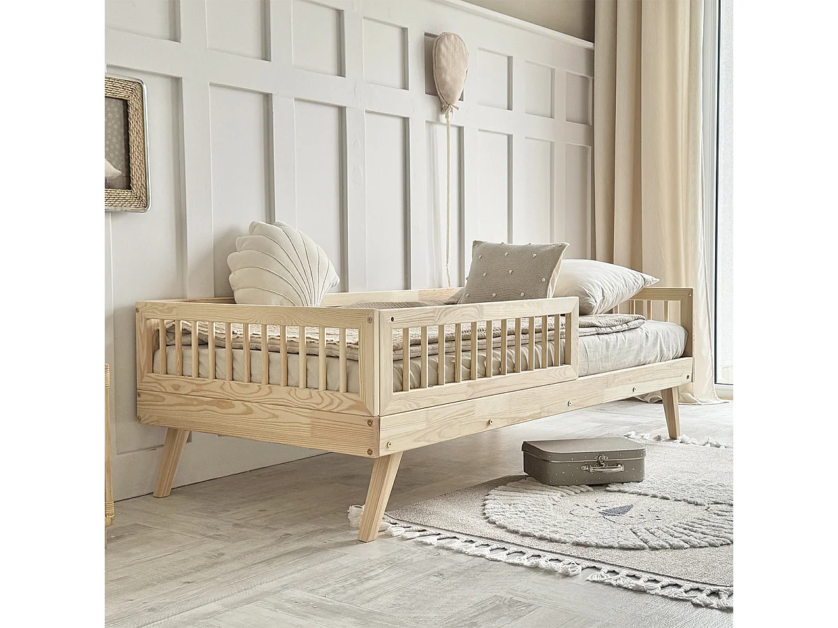 Bed 90x200 inclusief barrier en boxspring met poten 20 cm Maylis Bois