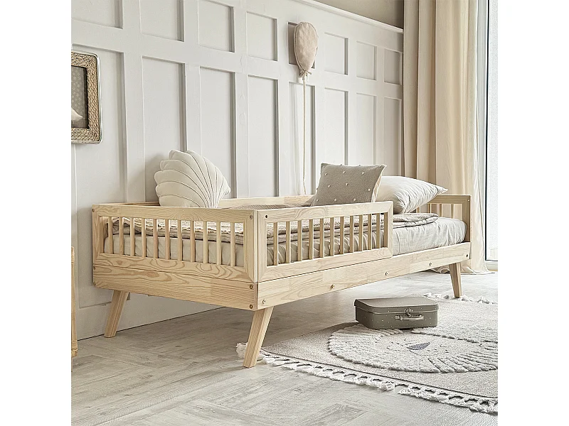 Bed 90x200 inclusief barrier en boxspring met poten 20 cm Maylis Bois