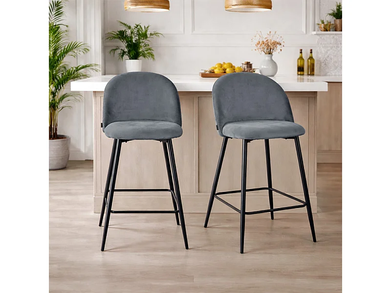 Lot 2 chaises de bar en velours gris foncé et pieds en métal - FARA 2
