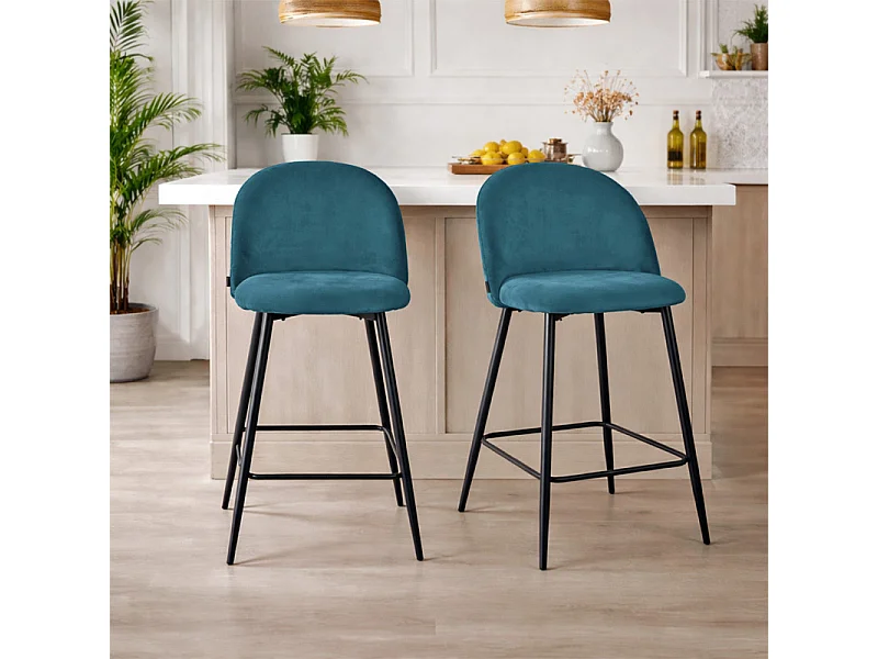 Lot de 2 chaises de bar en velours bleu avec pieds en métal - FARA 2
