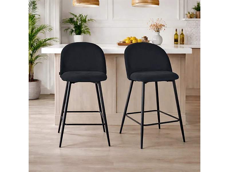 Lot de 2 chaises de bar en velours noir avec pieds en métal - FARA 2