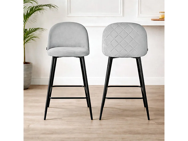 Lot 2 chaises de bar en velours gris clair et pieds en métal - FARA 2