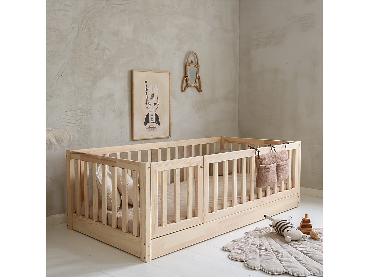 Lit au sol 120x200 entrée gauche barrière et sommier inclus Bambino Bois