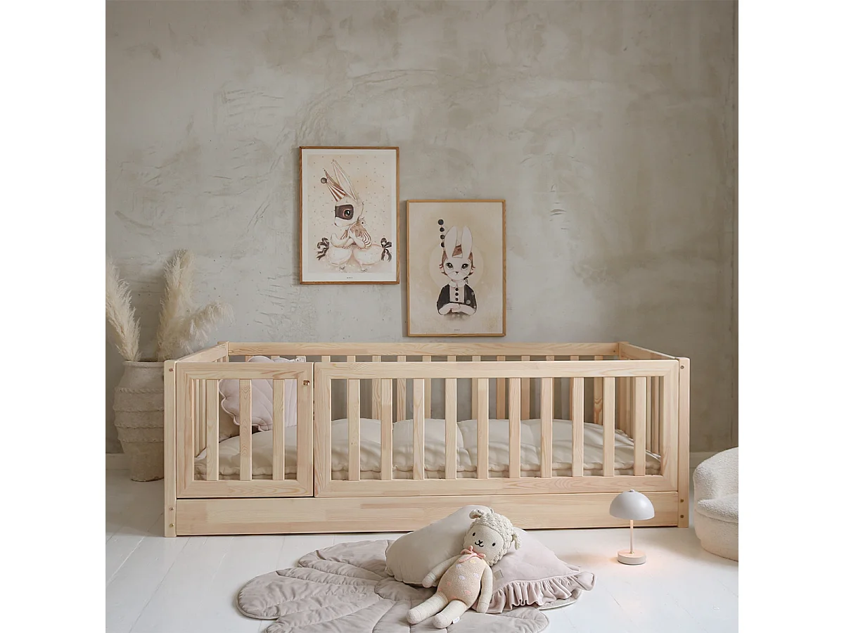 Lit au sol 120x200 entrée gauche barrière et sommier inclus Bambino Bois