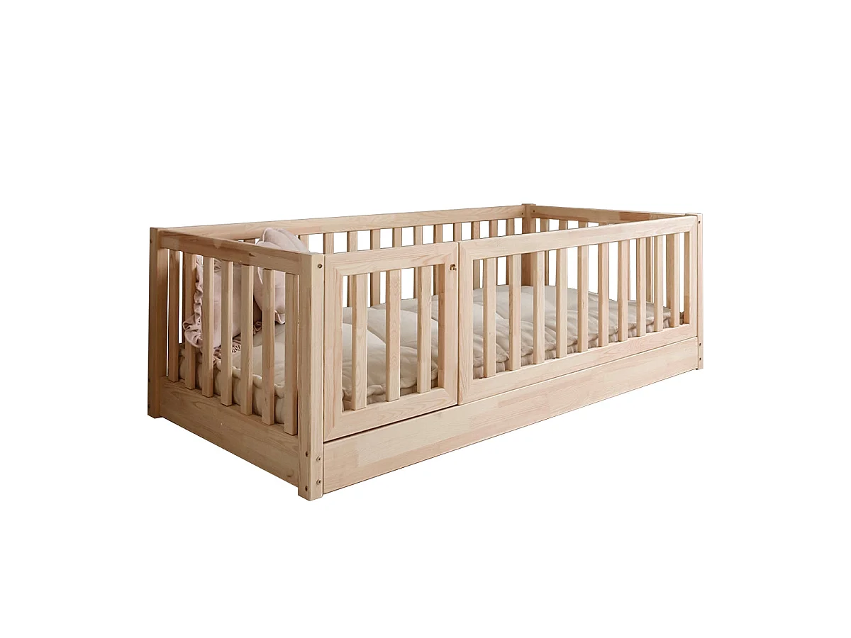Lit au sol 120x200 entrée gauche barrière et sommier inclus Bambino Bois