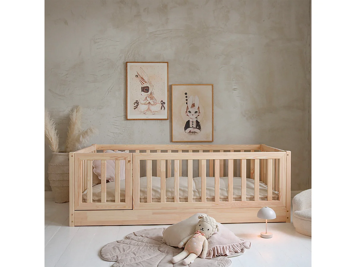 Lit au sol 120x200 entrée gauche barrière et sommier inclus Bambino Bois