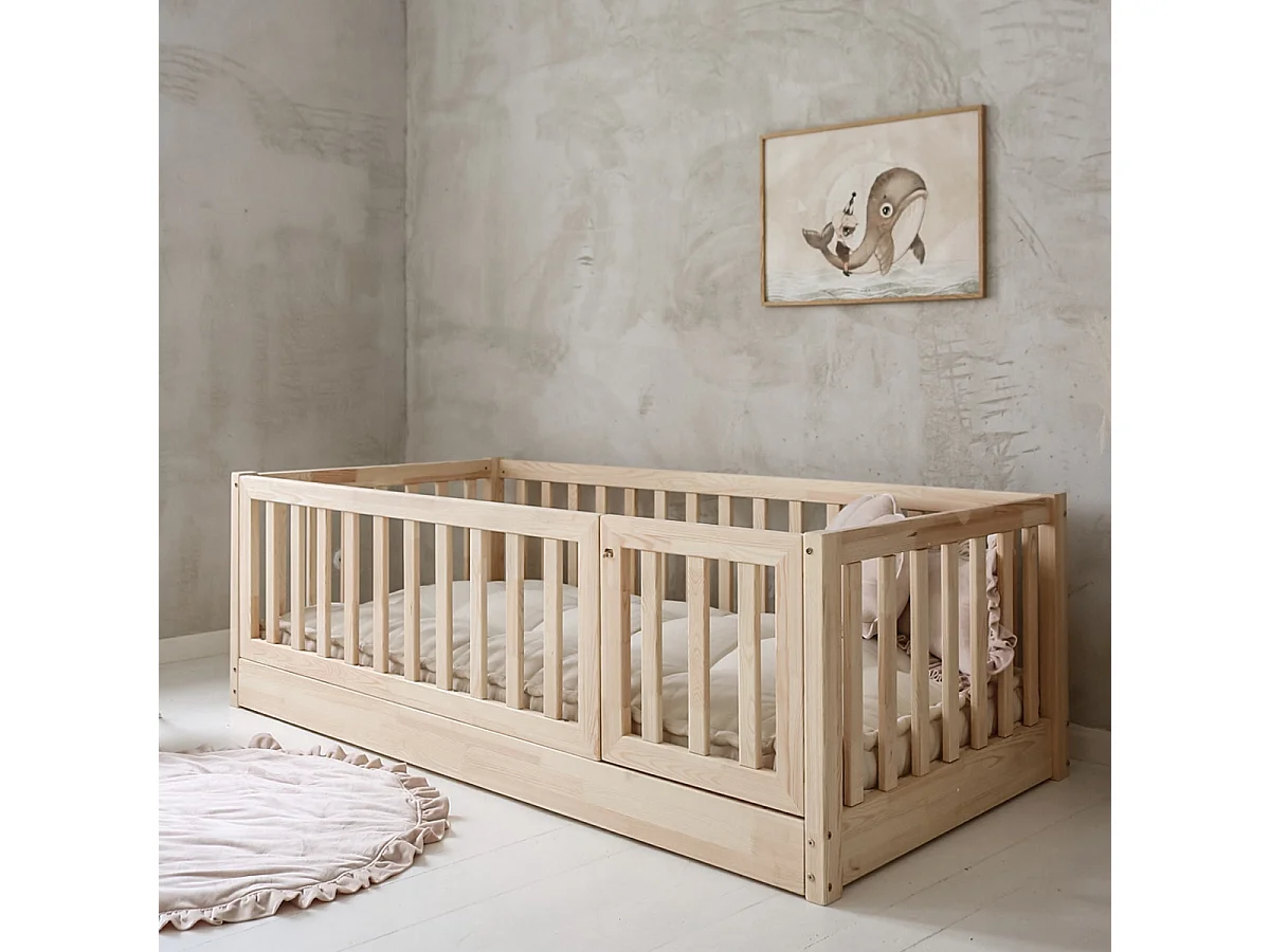 Lit au sol 120x200 entrée droite barrière et sommier inclus Bambino Bois