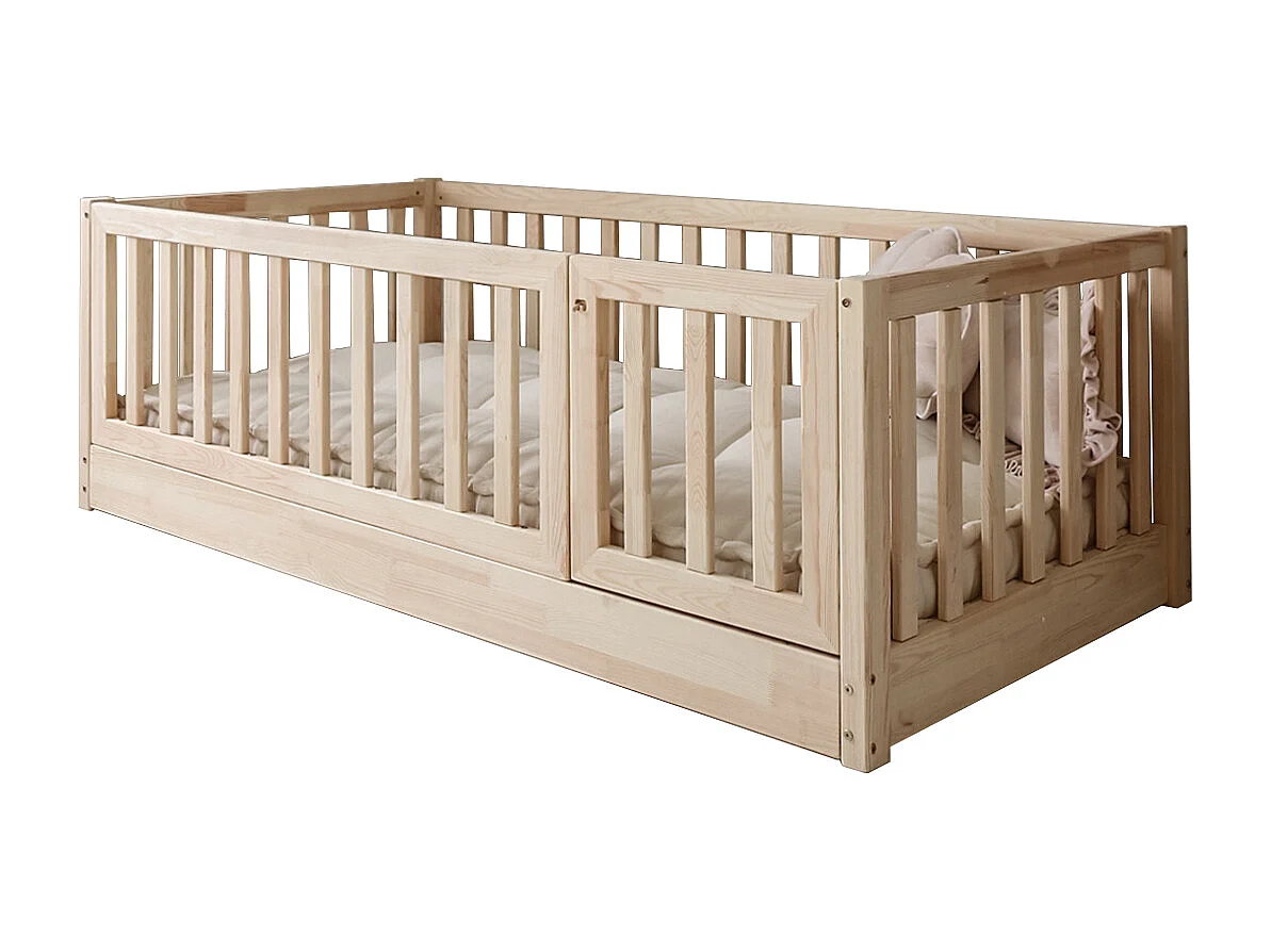 Lit au sol 120x200 entrée droite barrière et sommier inclus Bambino Bois