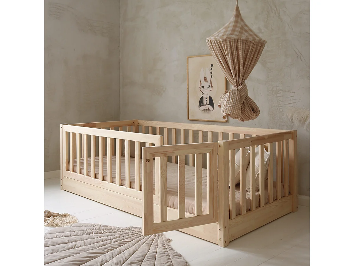 Lit au sol 120x200 entrée droite barrière et sommier inclus Bambino Bois