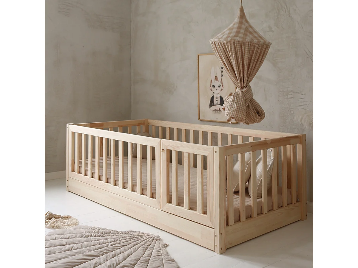 Lit au sol 120x200 entrée droite barrière et sommier inclus Bambino Bois
