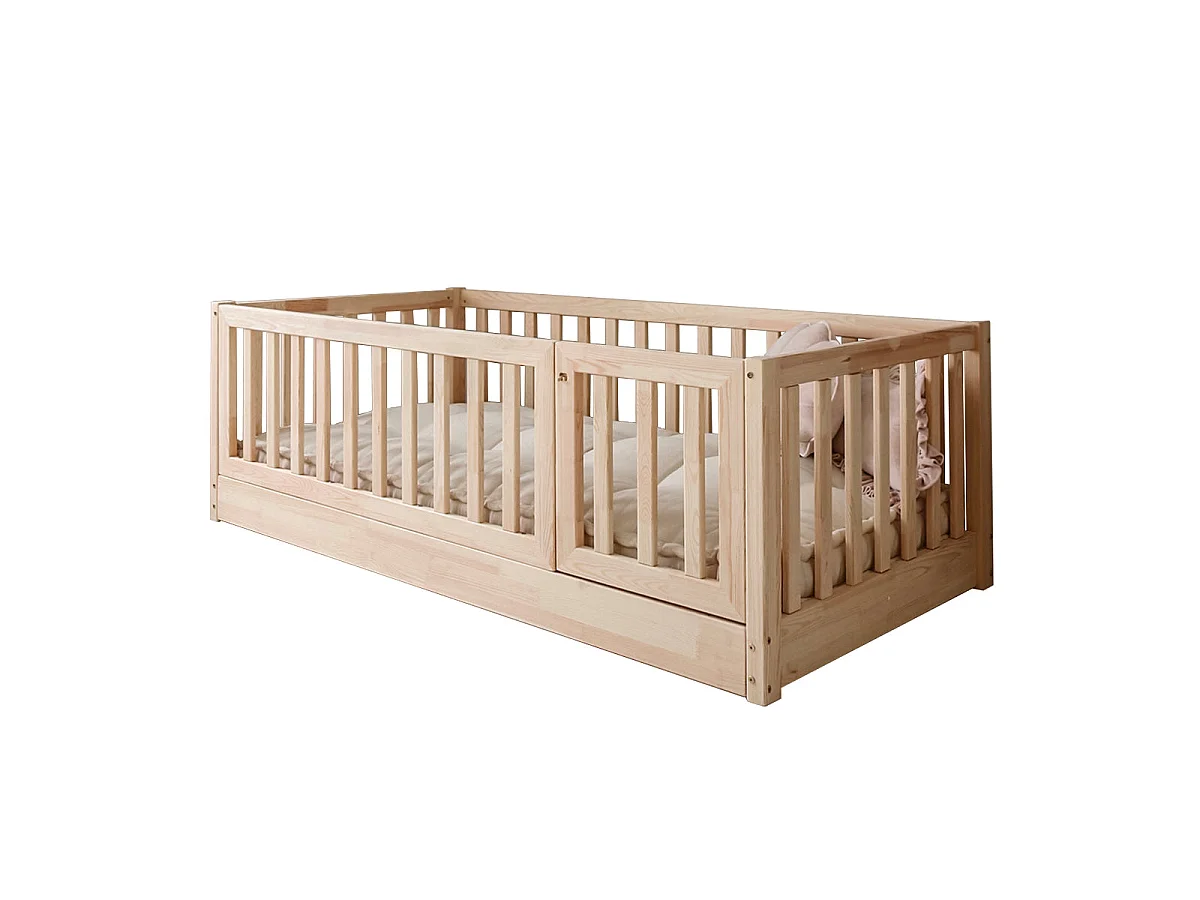 Lit au sol 120x200 entrée droite barrière et sommier inclus Bambino Bois