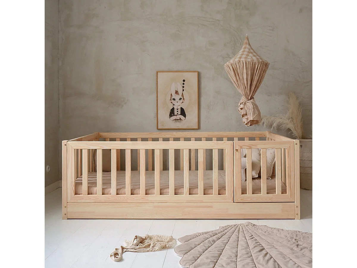 Lit au sol 120x200 entrée droite barrière et sommier inclus Bambino Bois