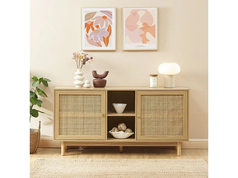 Buffet HELENA effet chêne et cannage rotin 150 cm