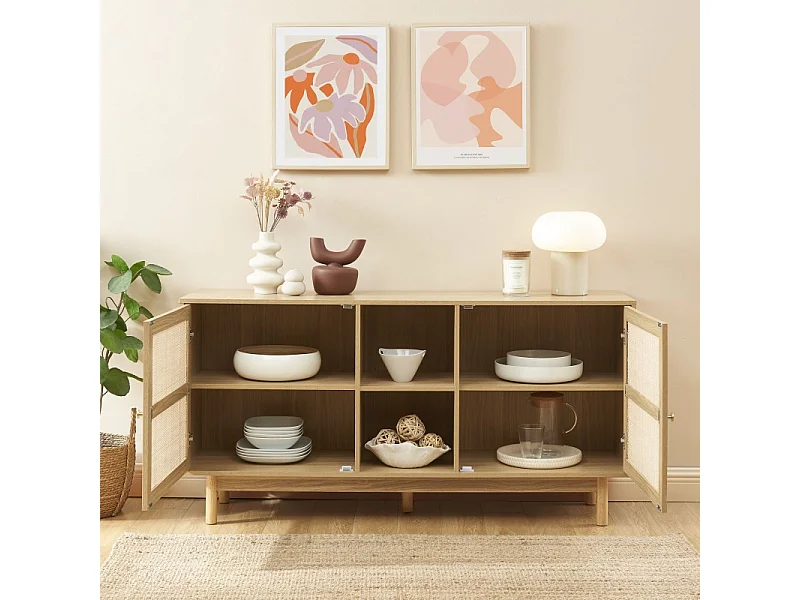 Buffet HELENA effet chêne et cannage rotin 150 cm