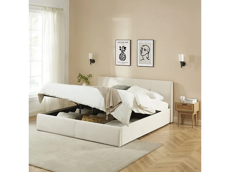 Lit coffre SEGURO velours beige crème 180x200 sommier inclus