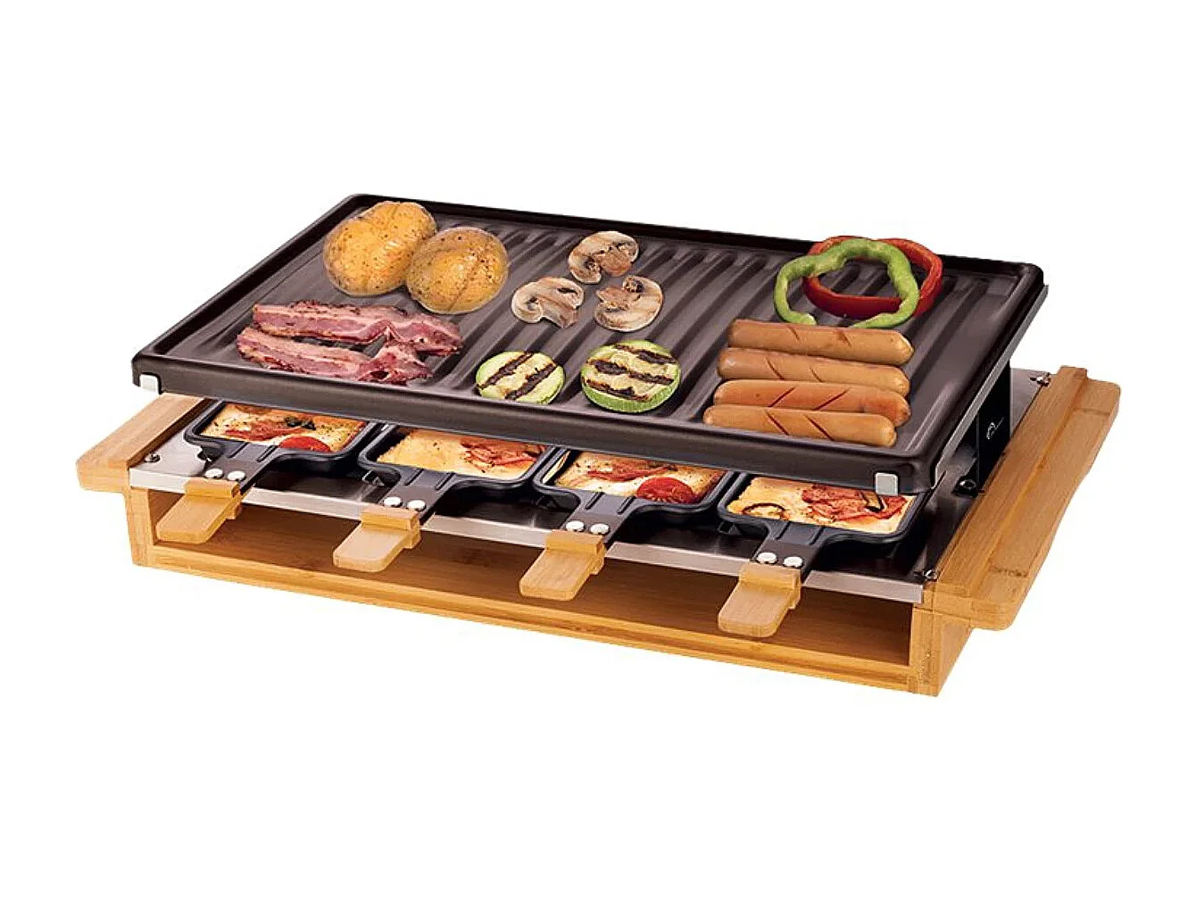 Apparecchio per Raclette Little Balance 8 Persone 1200W con Piastra XXL e Padelle Antiaderenti in Bambù