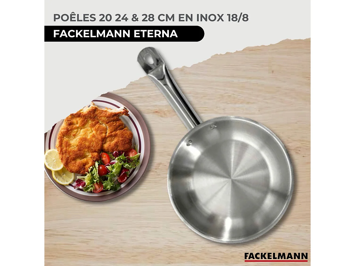 Set de 3 sartenes de acero inoxidable Fackelmann Eterna 20-24-28 cm, compatibles con inducción, mangos remachados, cocción homogénea