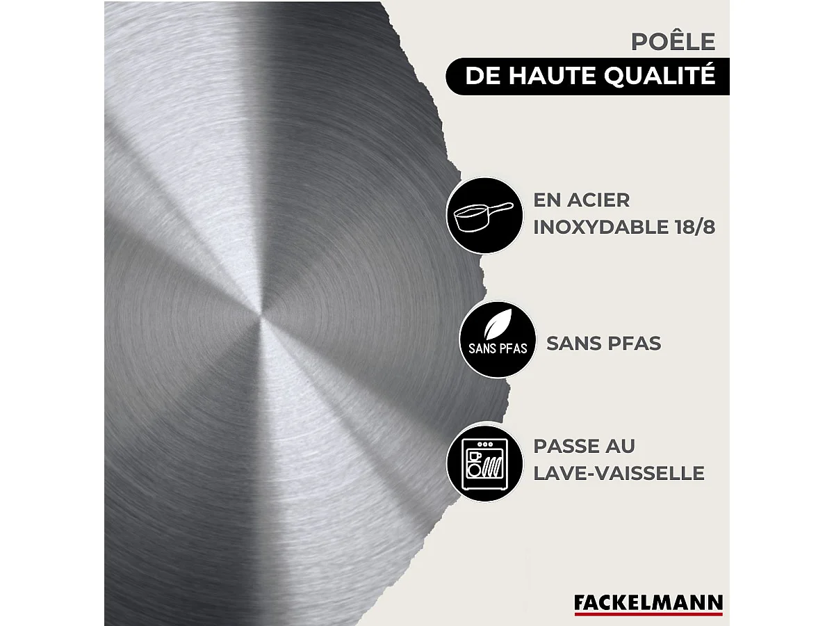 Set de 3 sartenes de acero inoxidable Fackelmann Eterna 20-24-28 cm, compatibles con inducción, mangos remachados, cocción homogénea