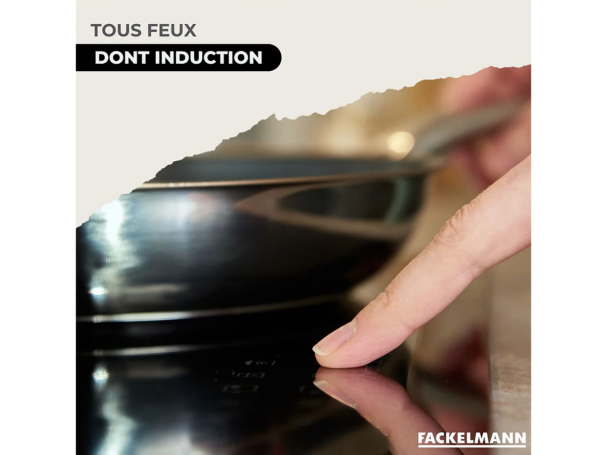 Set de 3 sartenes de acero inoxidable Fackelmann Eterna 20-24-28 cm, compatibles con inducción, mangos remachados, cocción homogénea