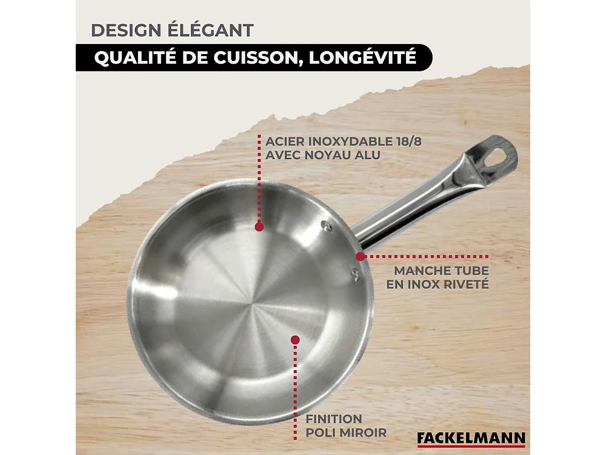 Set de 3 sartenes de acero inoxidable Fackelmann Eterna 20-24-28 cm, compatibles con inducción, mangos remachados, cocción homogénea