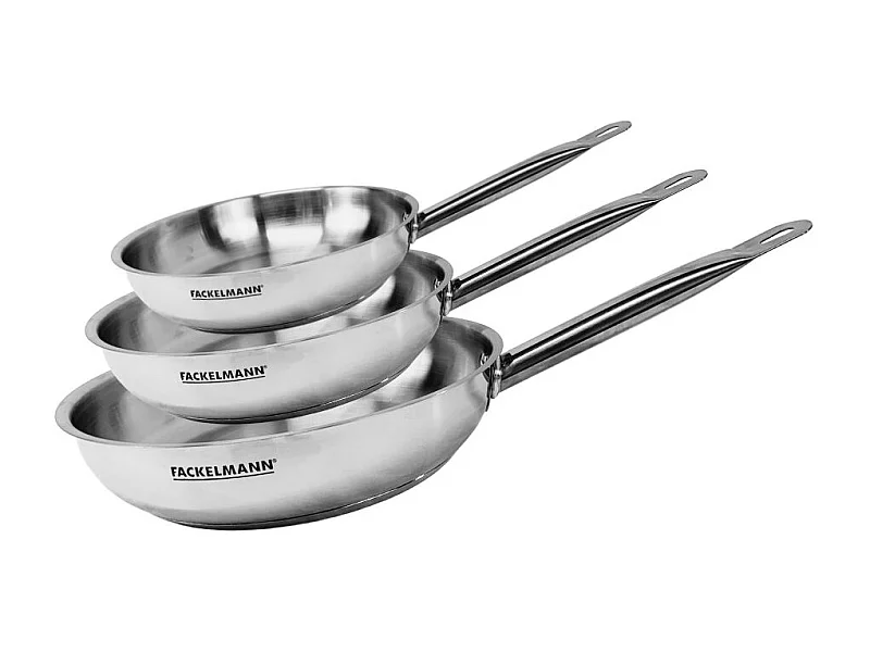 Set de 3 sartenes de acero inoxidable Fackelmann Eterna 20-24-28 cm, compatibles con inducción, mangos remachados, cocción homogénea