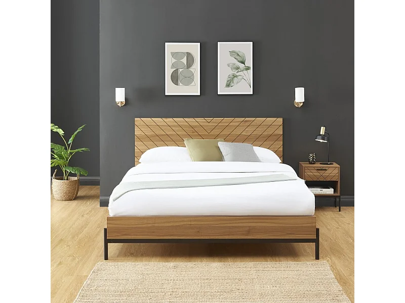 Lit double GEOMA effet chêne foncé 140x190 sommier inclus