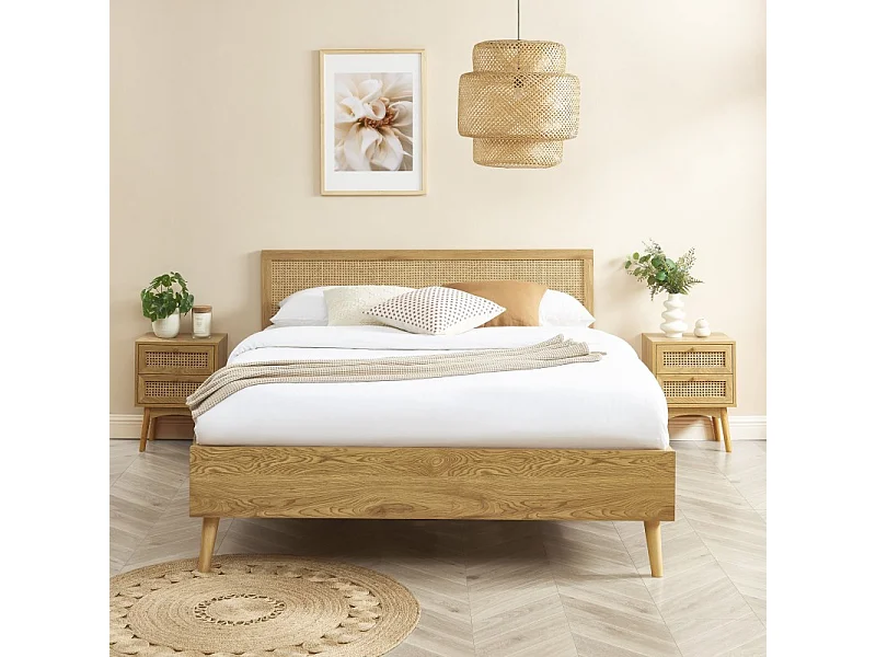 Lit double INES cannage rotin 160x200 sommier inclus