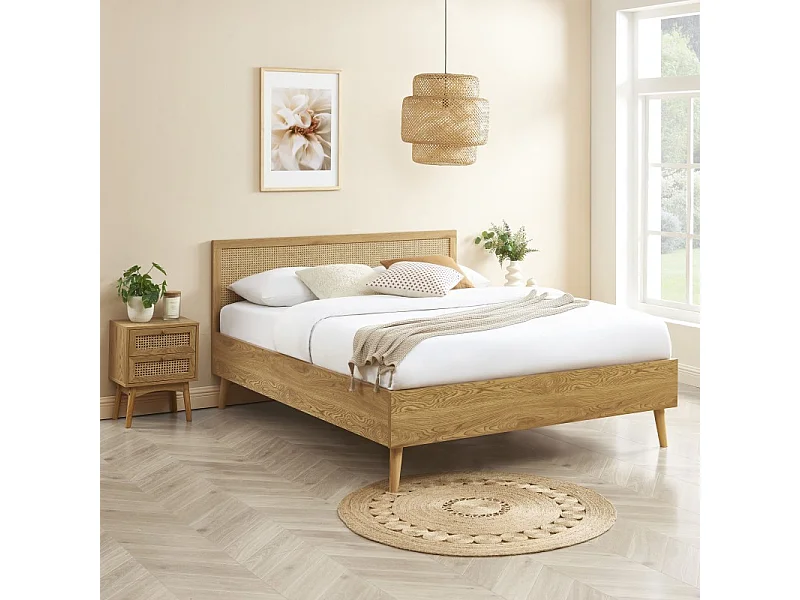 Lit double INES cannage rotin 160x200 sommier inclus