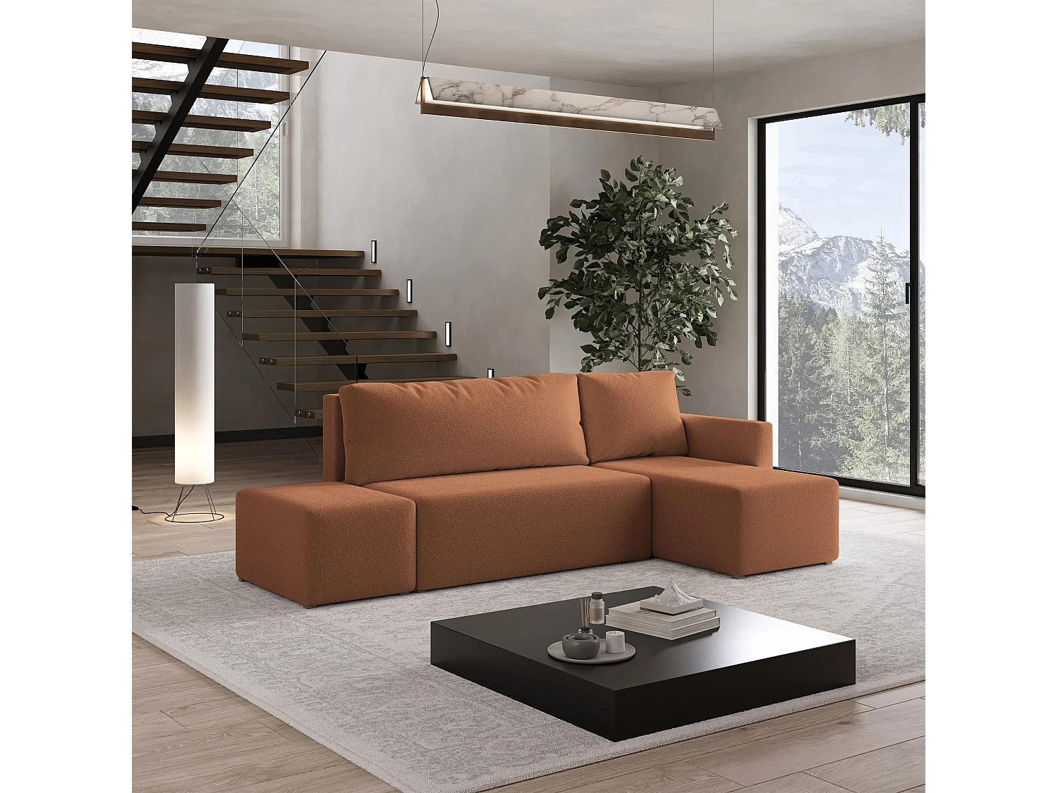 Hoekbank VELOTTI van fluweel met slaapfunctie Orange
