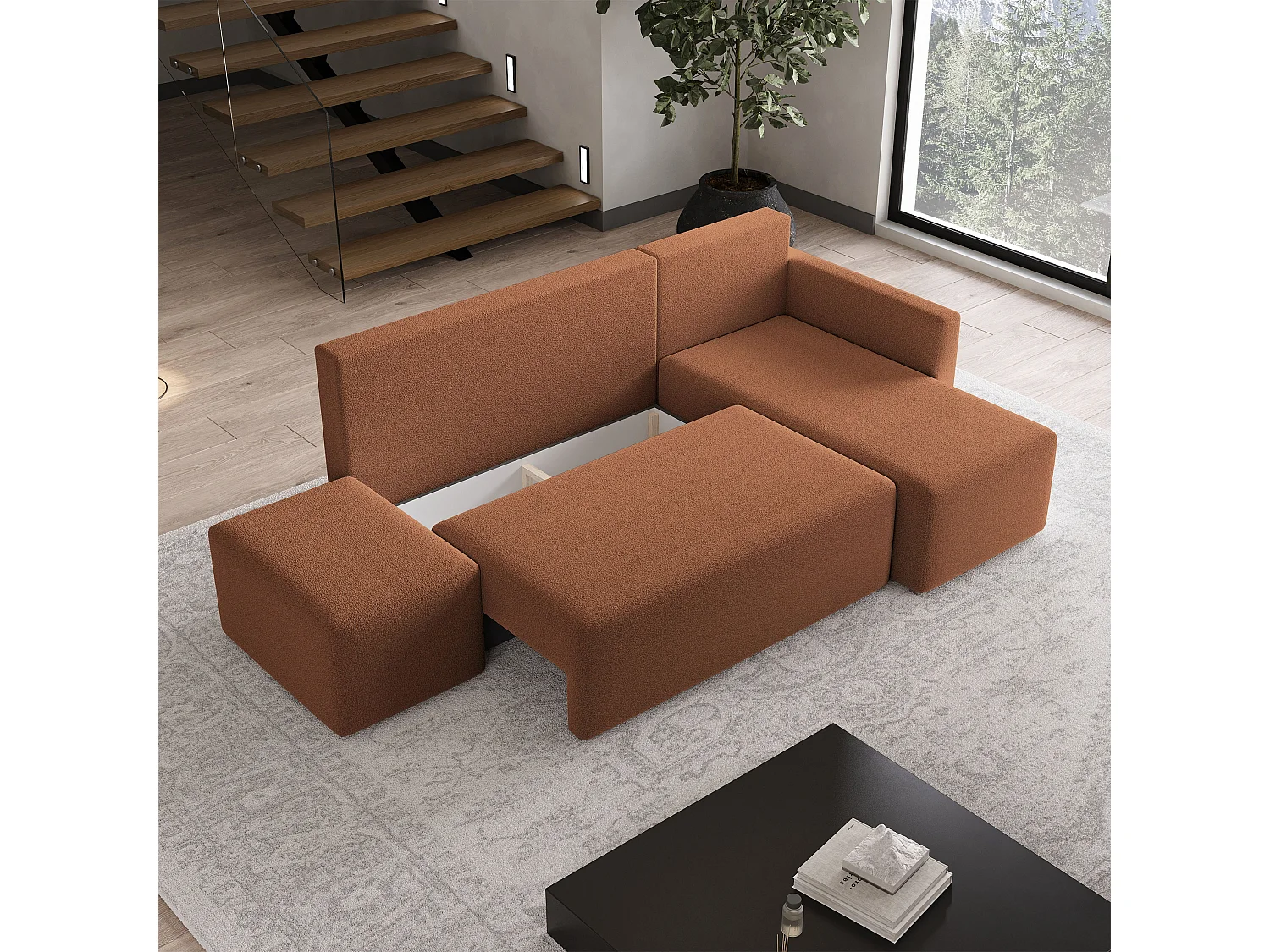 Hoekbank VELOTTI van fluweel met slaapfunctie Orange