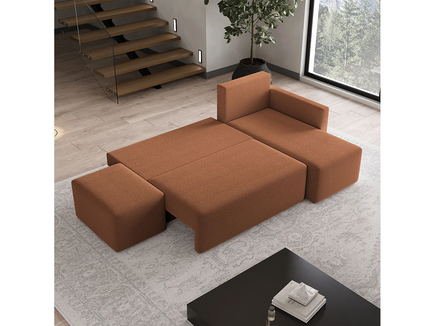 Hoekbank VELOTTI van fluweel met slaapfunctie Orange