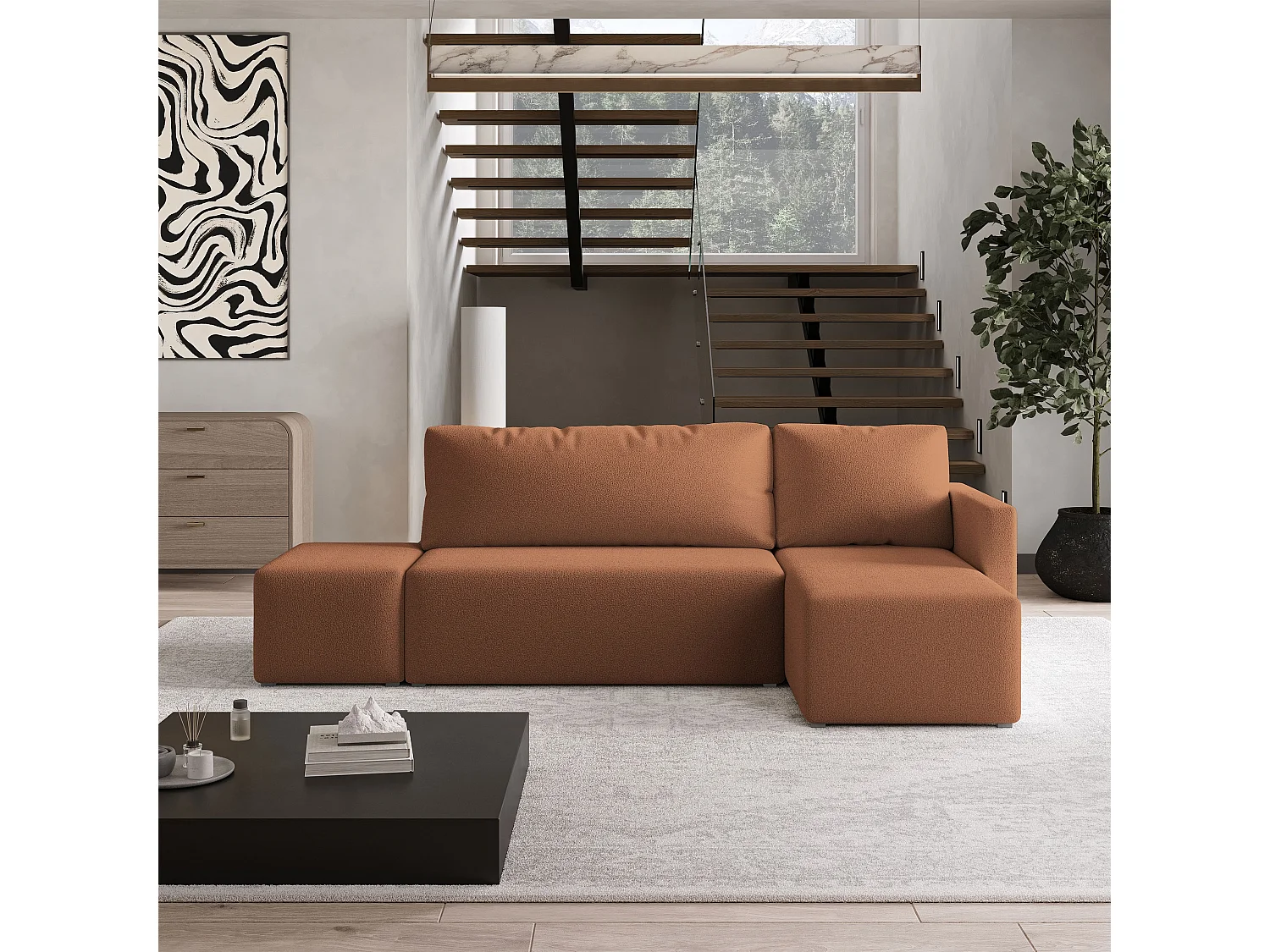 Hoekbank VELOTTI van fluweel met slaapfunctie Orange