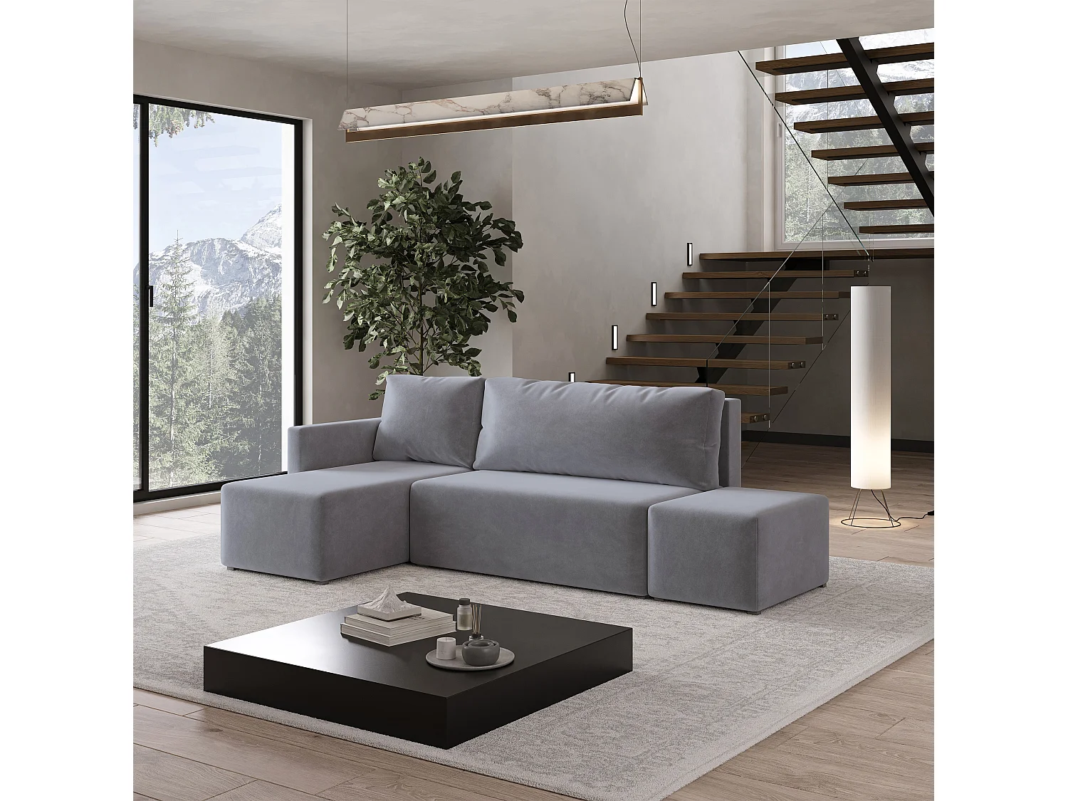 Hoekbank VELOTTI van fluweel met slaapfunctie Grau