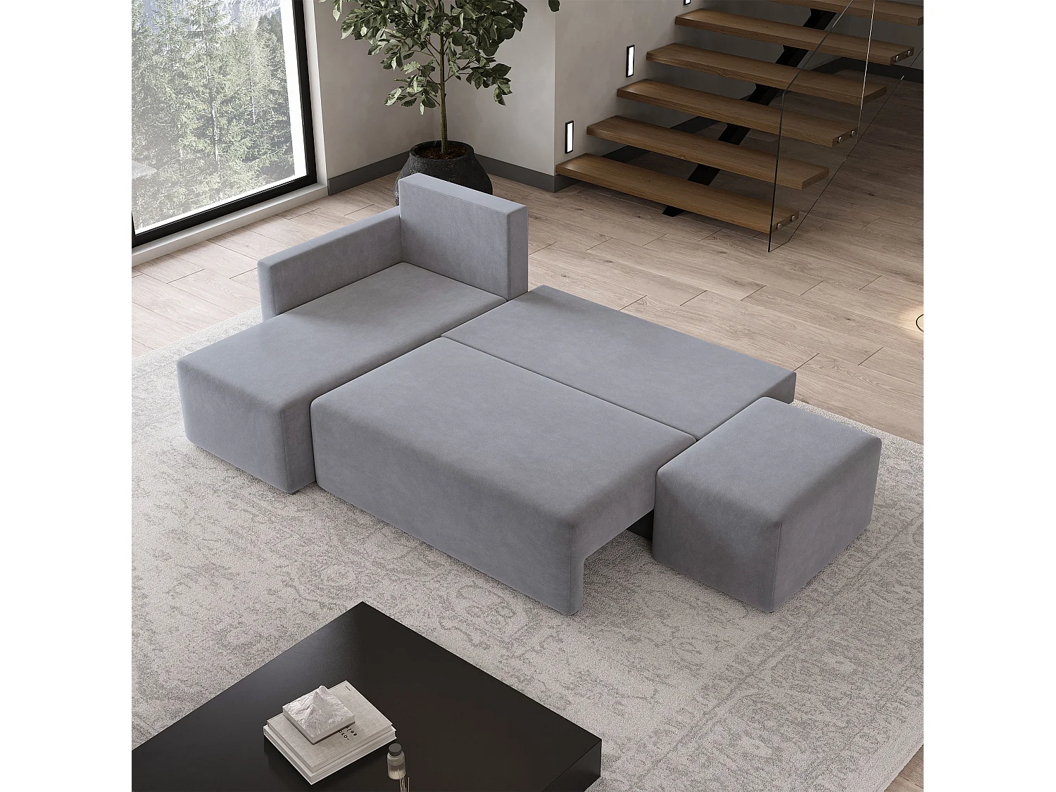 Hoekbank VELOTTI van fluweel met slaapfunctie Grau