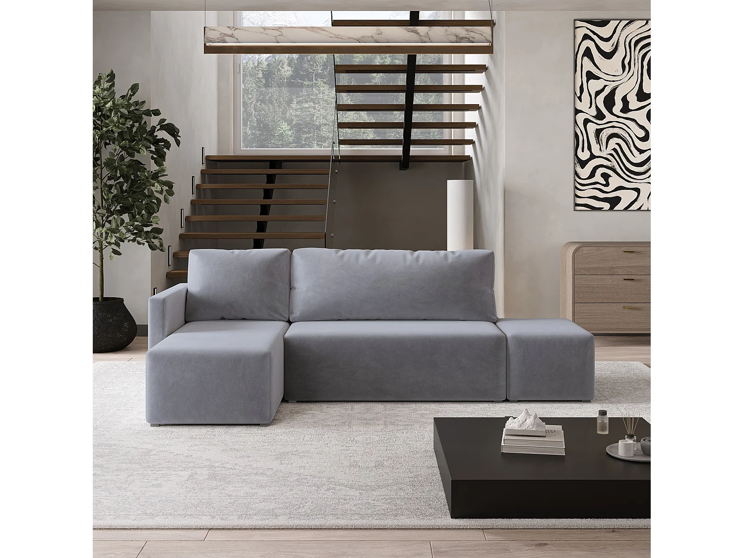 Hoekbank VELOTTI van fluweel met slaapfunctie Grau