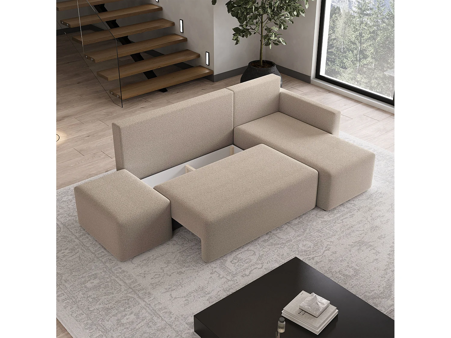 Hoekbank VELOTTI van fluweel met slaapfunctie Beige