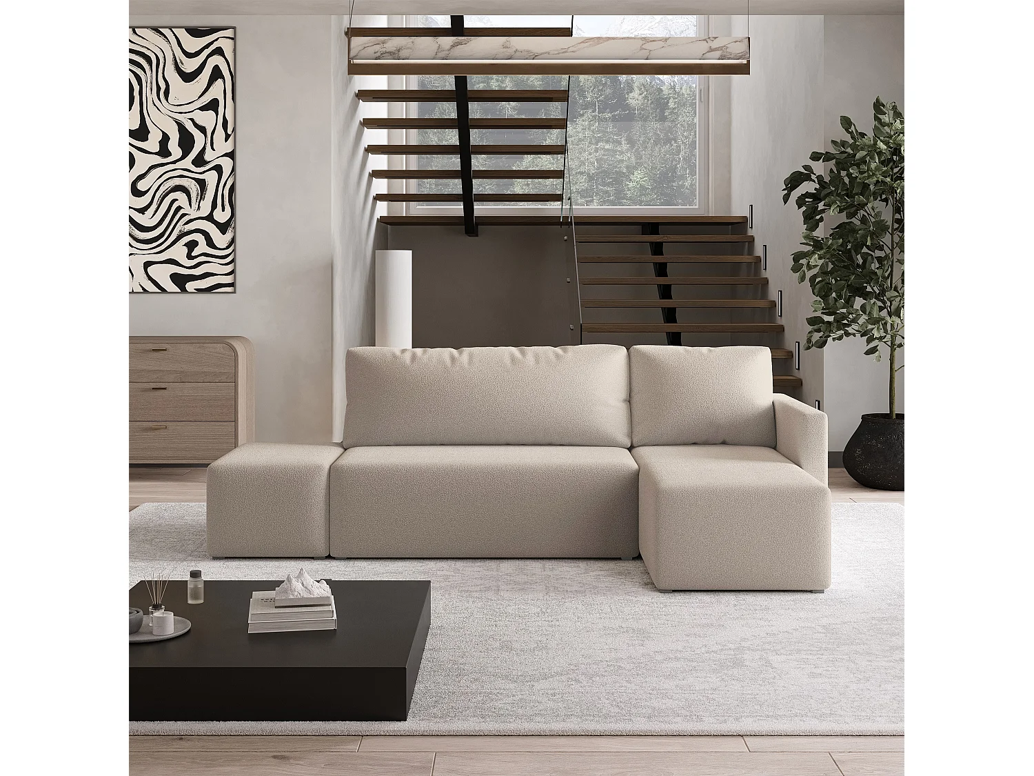 Hoekbank VELOTTI van fluweel met slaapfunctie Beige