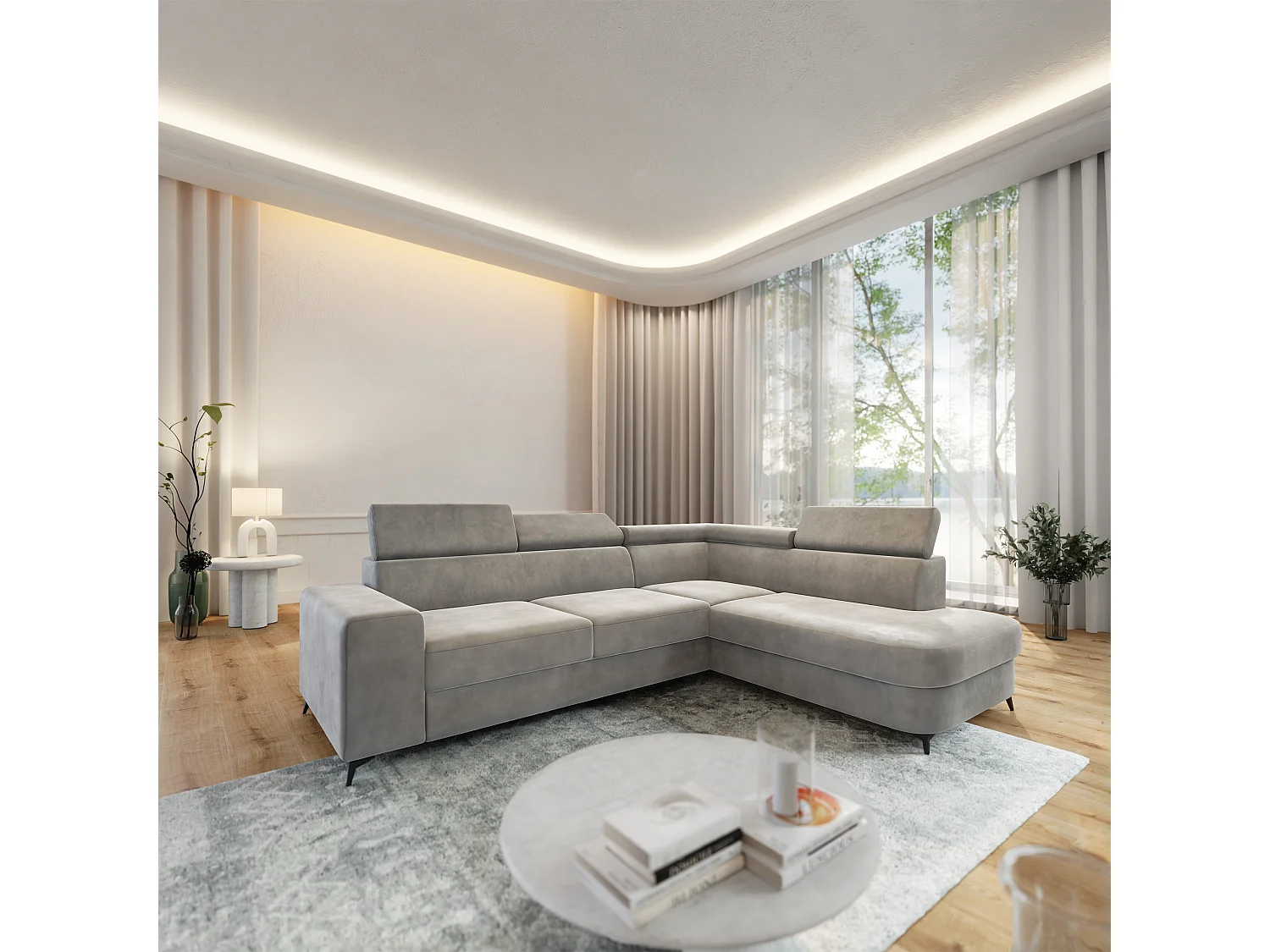 Hoekbank ALVORO van fluweel met slaapfunctie Hellgrau
