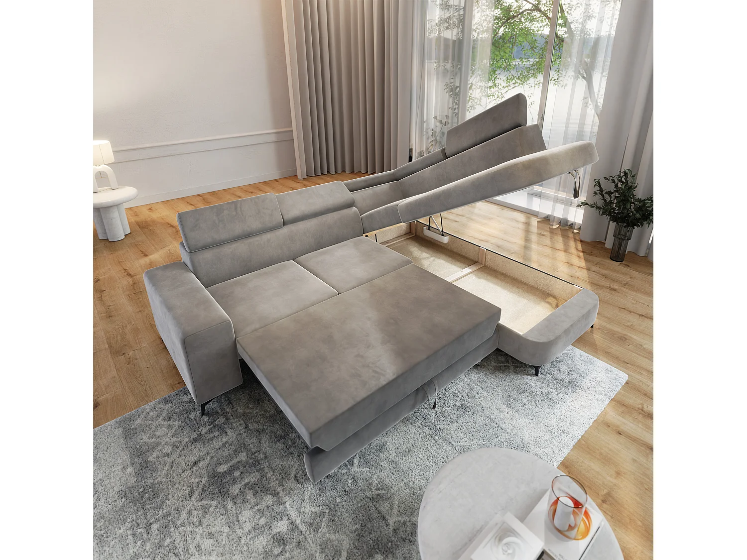 Hoekbank ALVORO van fluweel met slaapfunctie Hellgrau