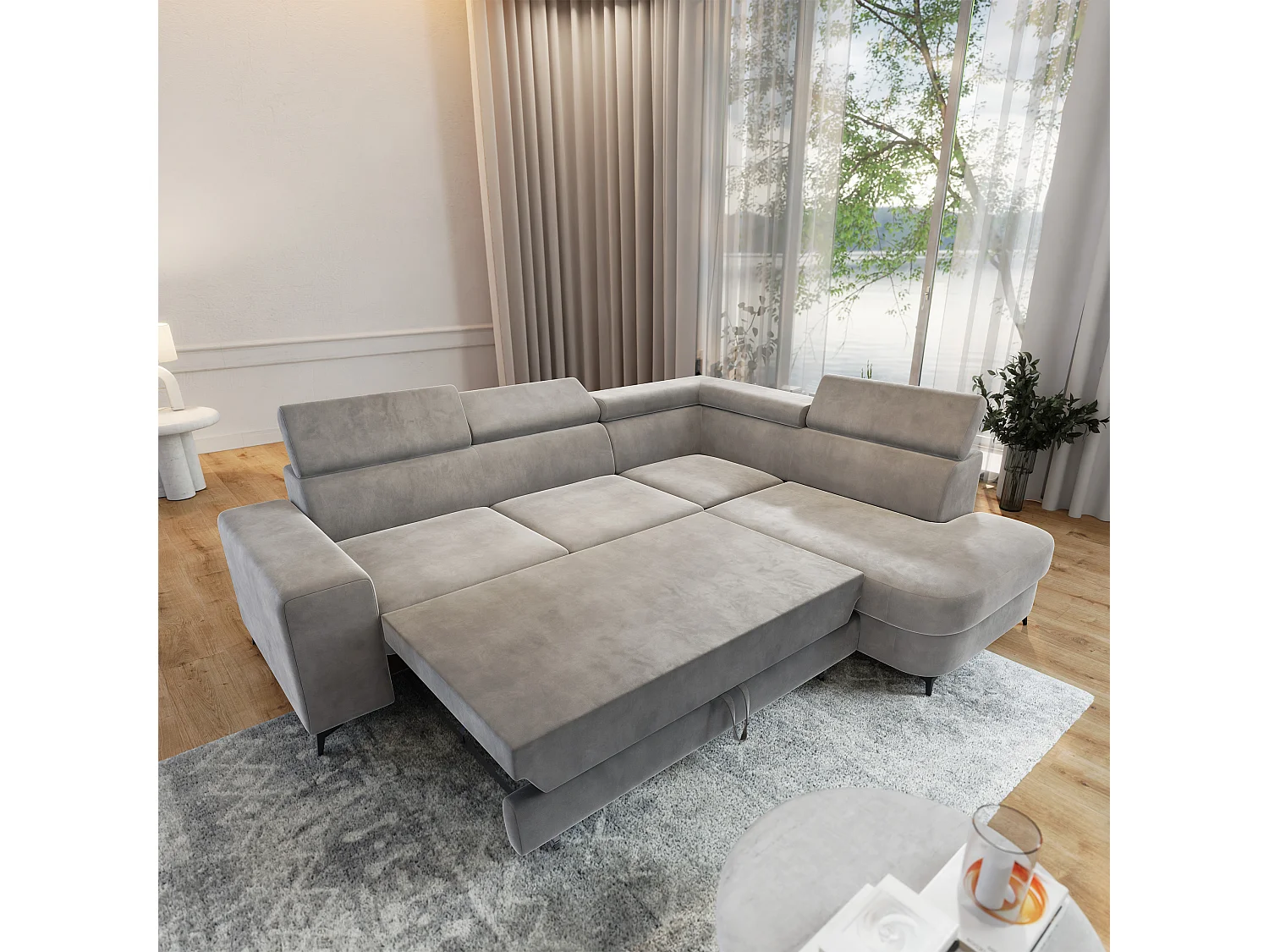 Hoekbank ALVORO van fluweel met slaapfunctie Hellgrau
